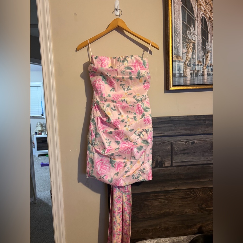 Strapless Taffeta Floral Print Bow Back Mini Dress size M